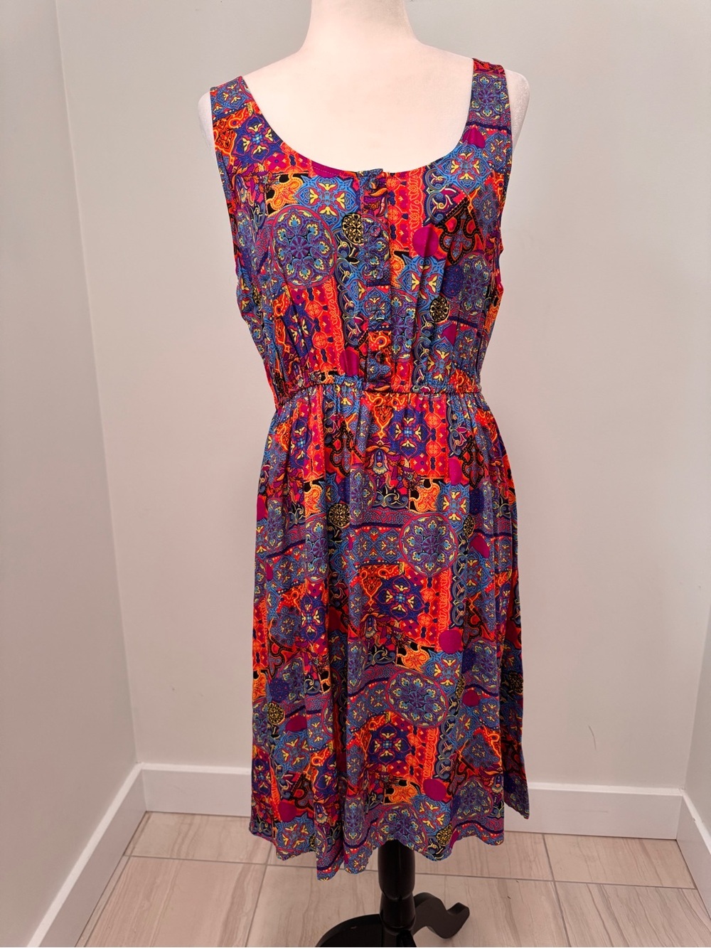 Papillon Blanc Multicolor Mosaic-Print Sleeveless Scoop Neck Midi Dress Sz L